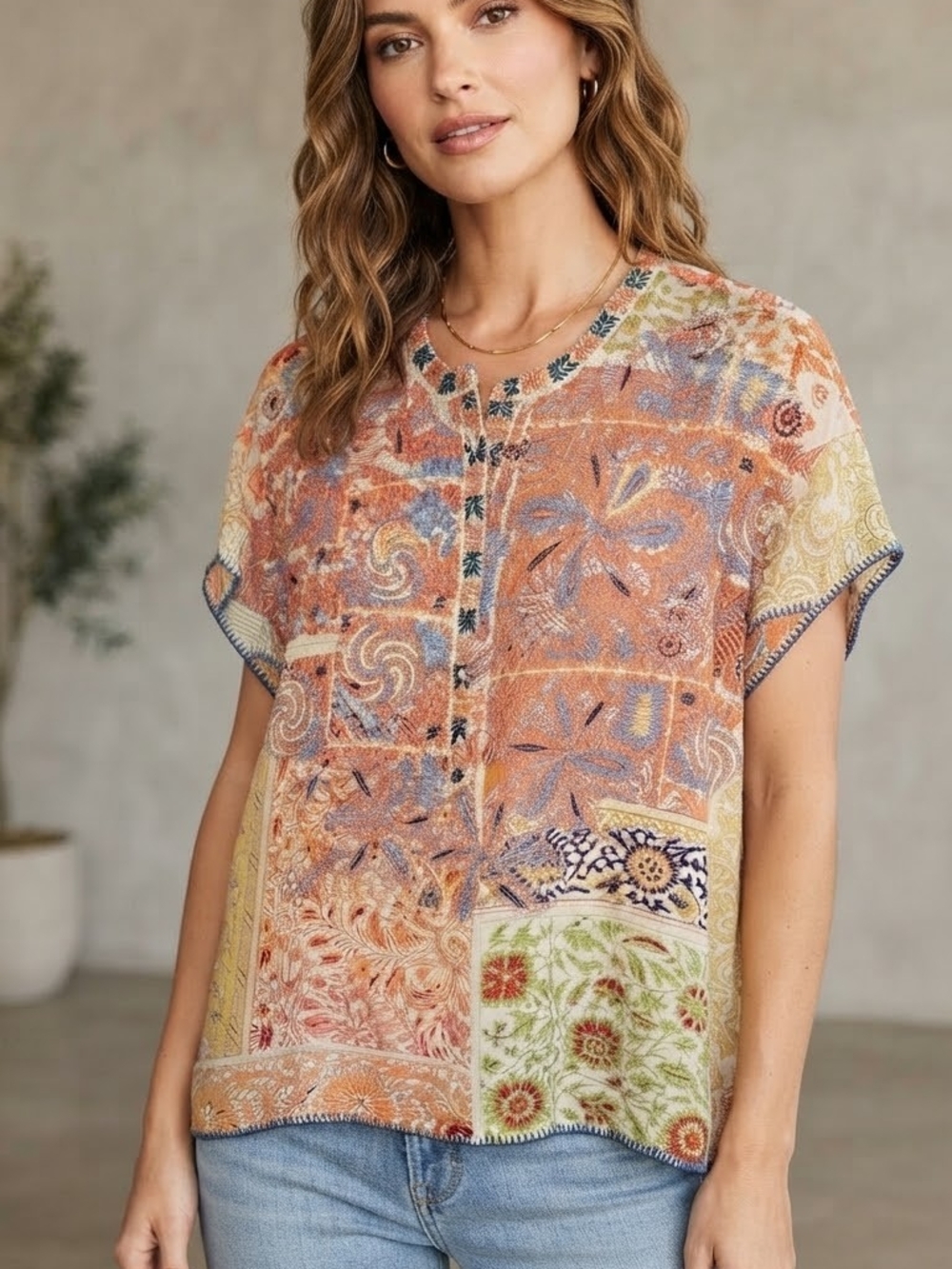 Johnny Was Boho Silk Embroidered Short-Sleeve Top - Peach Multi